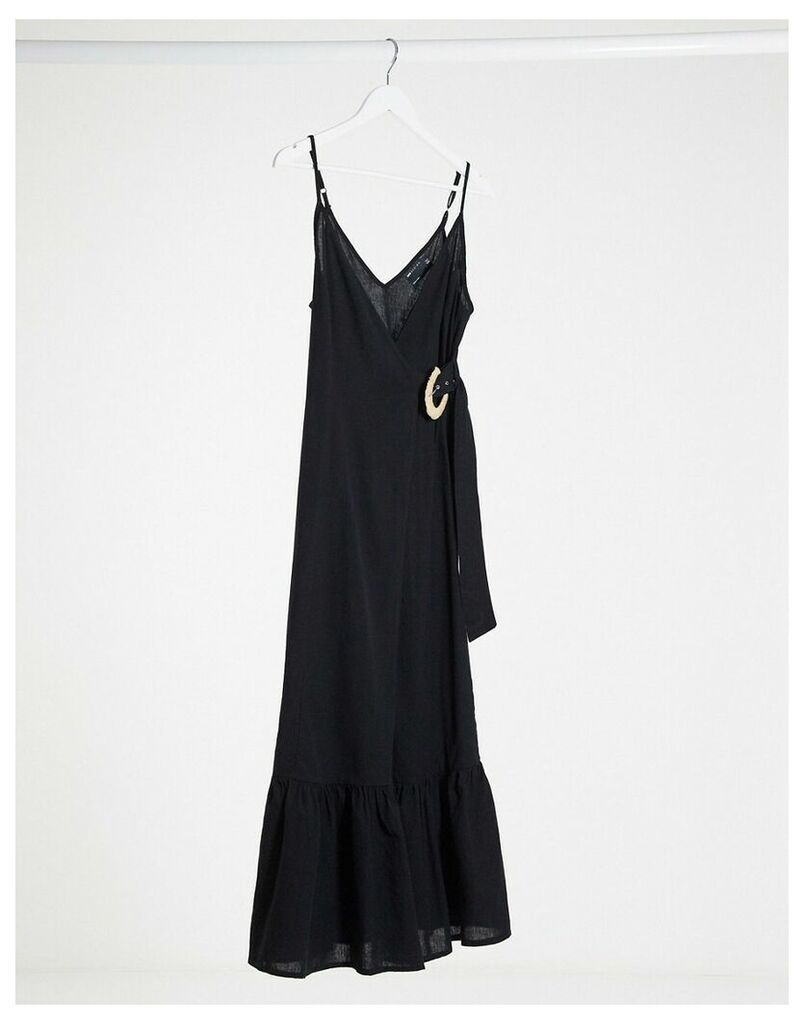 cami wrap maxi dress in linen with wicker belt in black