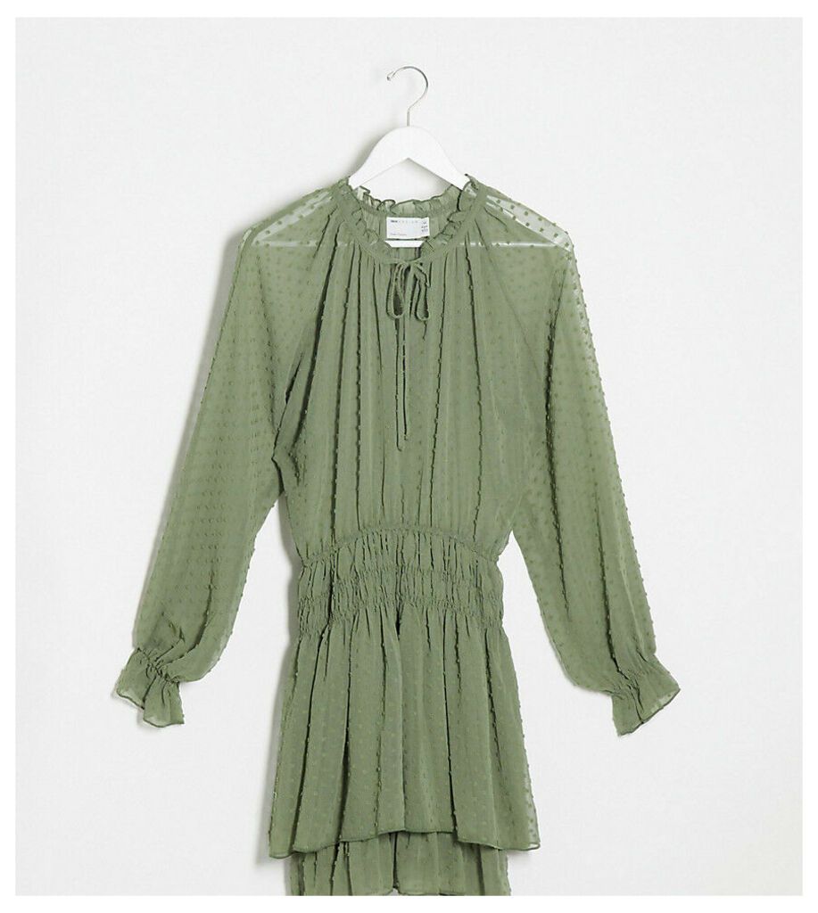 ASOS DESIGN Tall shirred waist dobby mini dress with tiered skirt in khaki-Green