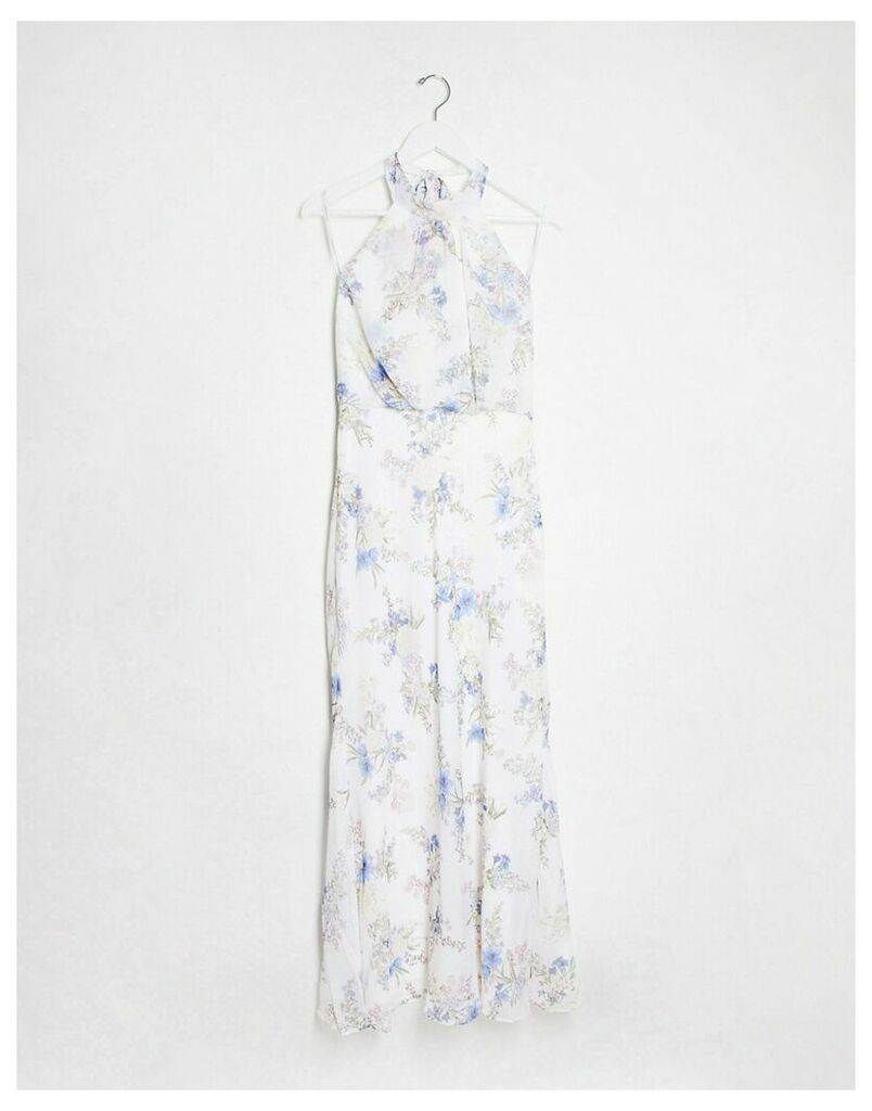 high neck maxi dress in bluebell ivory floral print-Multi