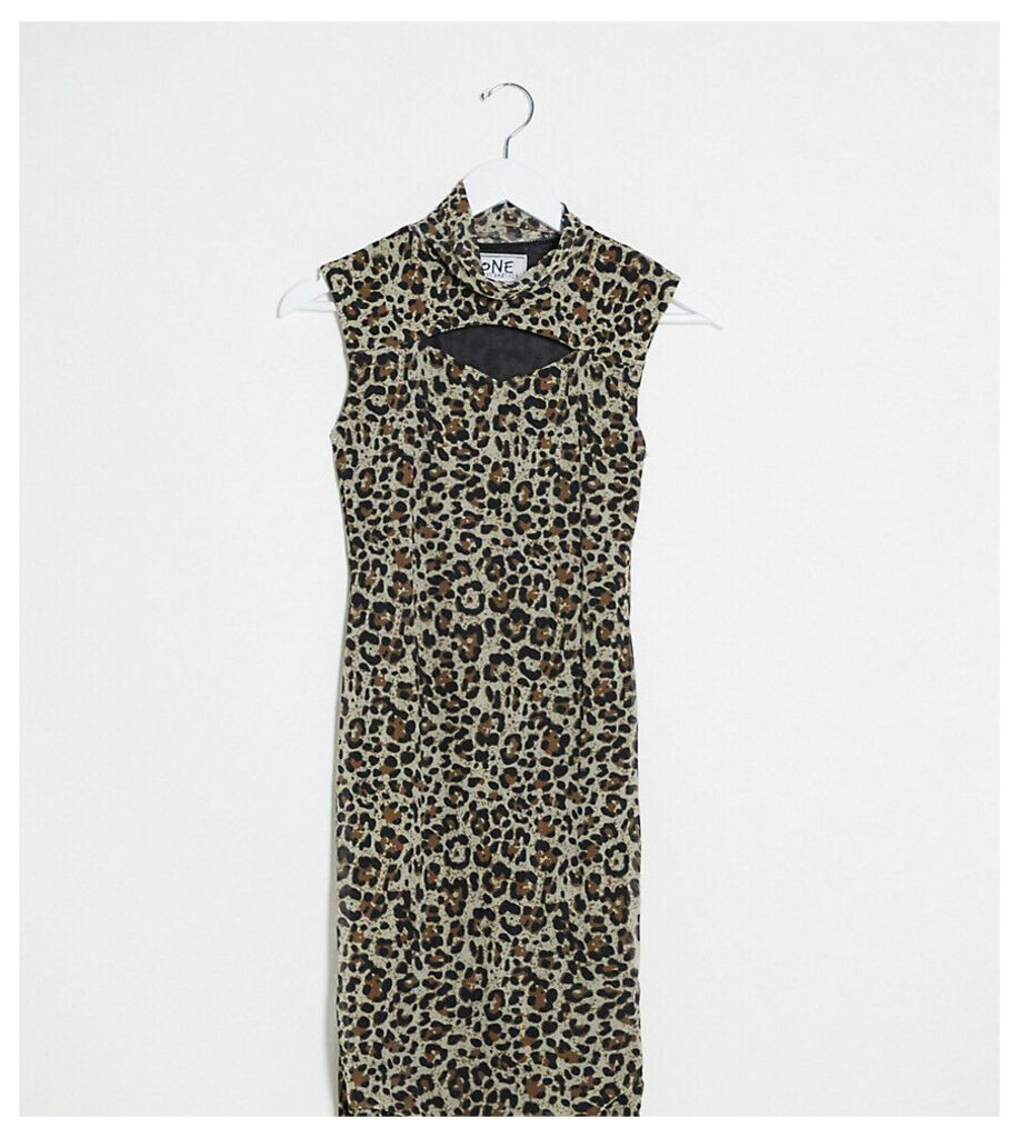 high neck bodycon mini dress with cut out in leopard mesh-Multi