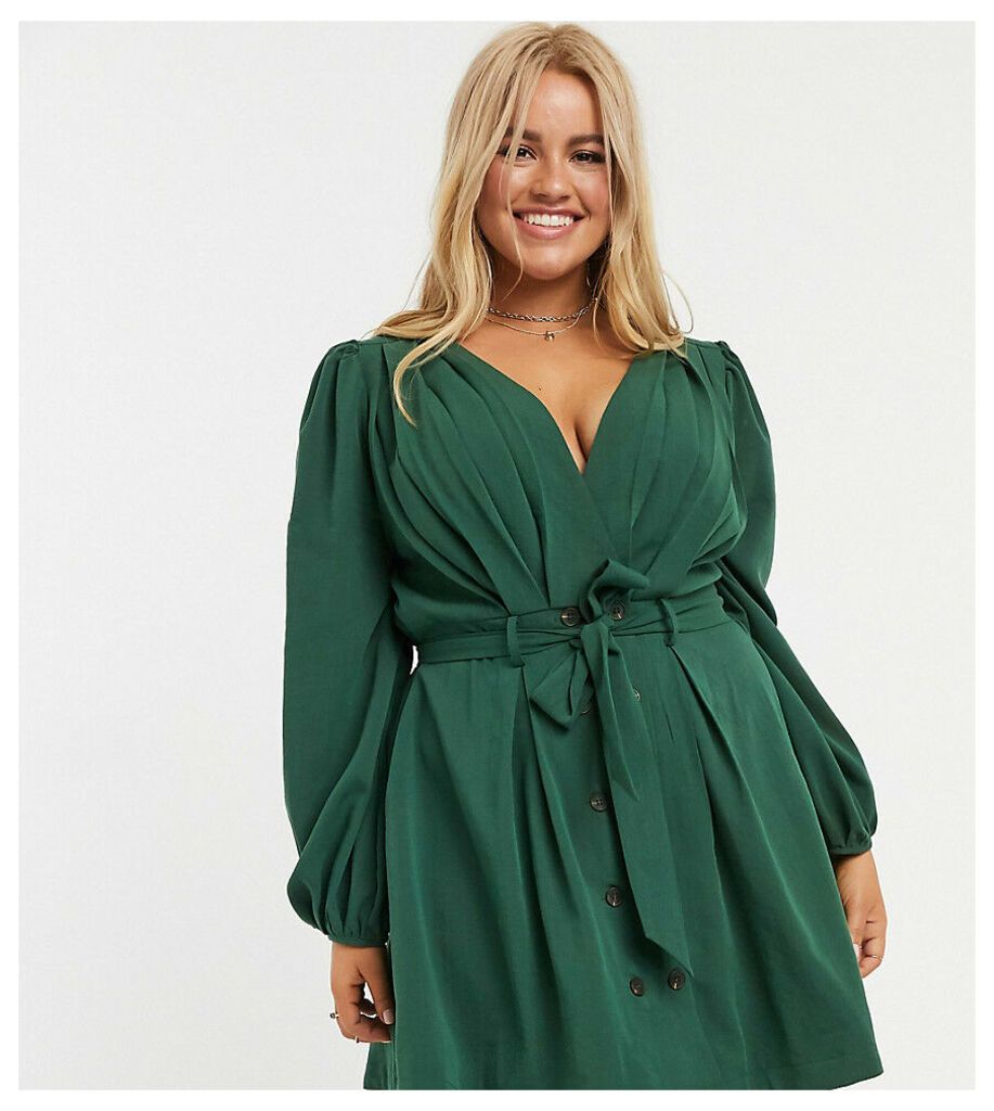 wrap front dress with tie waist and balloon sleeves-Green
