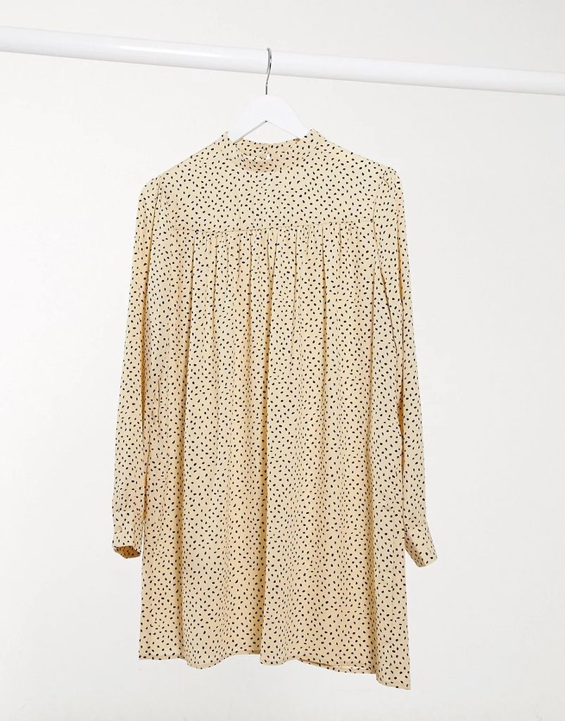 smock dress with high neck in yellow spot print-Multi