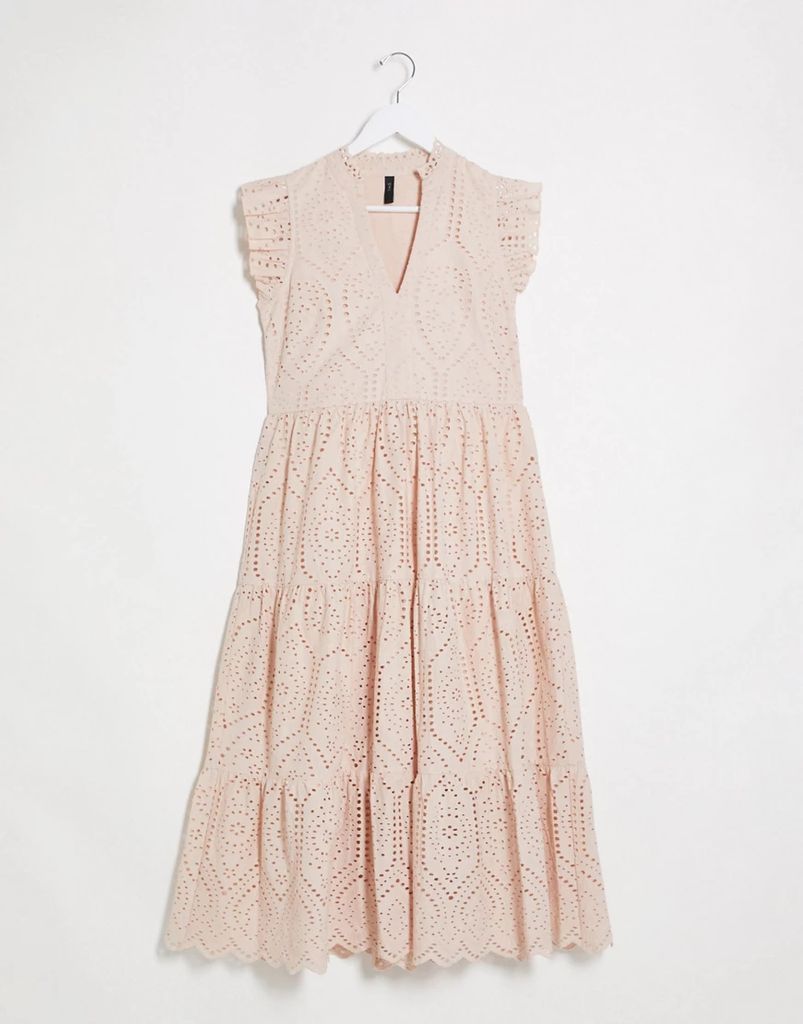 broderie maxi dress with frill sleeve and tiering in pink