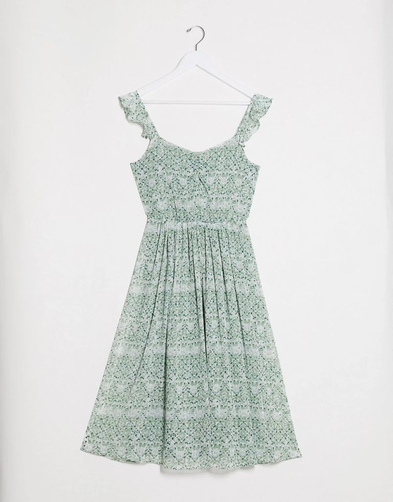 midi dress with frill shoulder detail in green floral