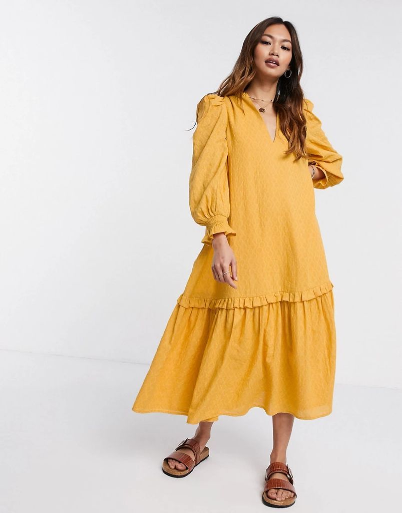 trapeze midi smock dress in textured dobby in mustard-Yellow