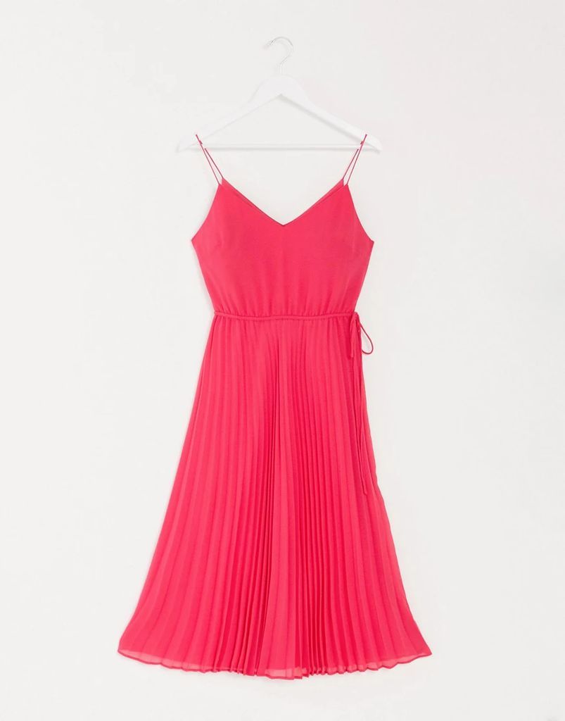 pleated cami midi dress with drawstring waist in hot pink