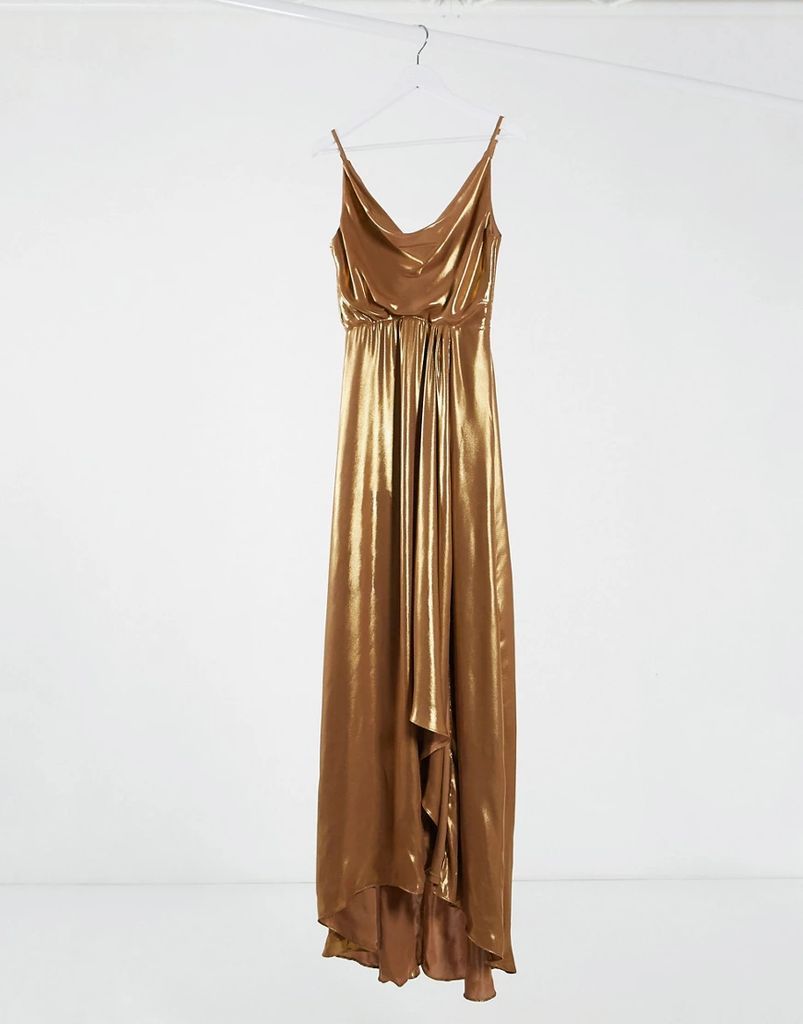 cowl neck cami strap maxi dress with train in gold