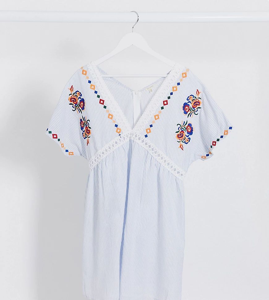 En Creme plus smock dress with ladder inserts and floral embroidery-Blue