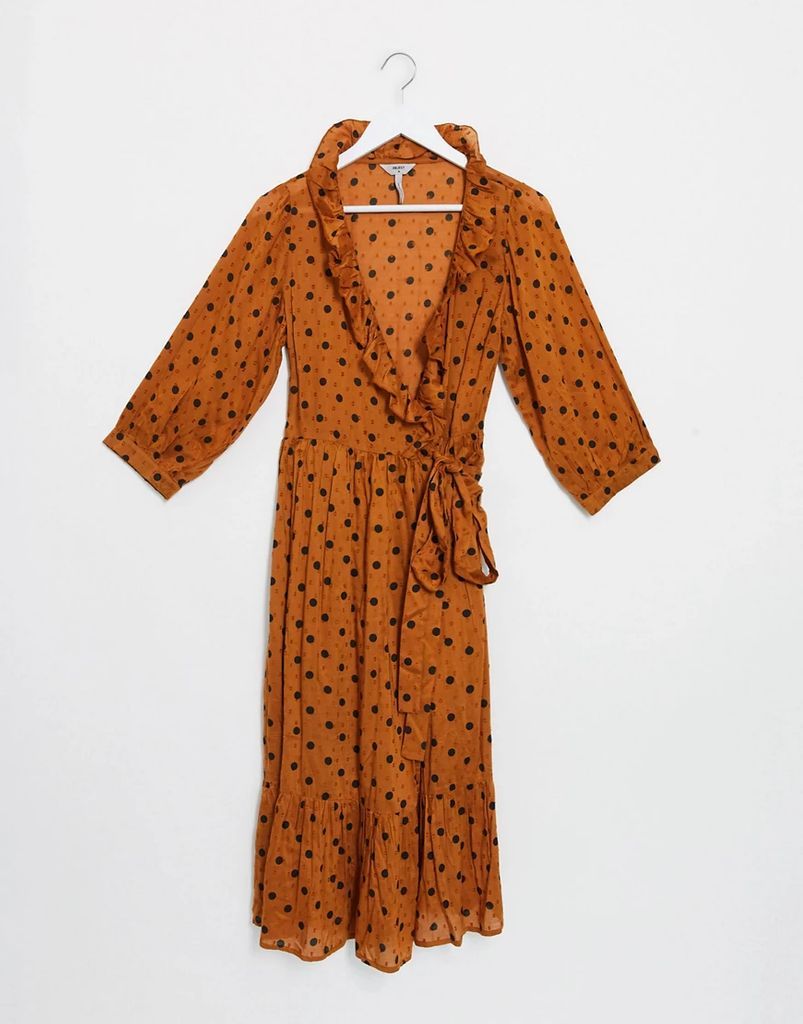 wrap dress with ruffle front in rust spot-Brown
