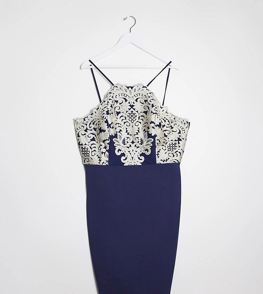 Chi Chi Curve Ghiana midi pencil dress in navy with gold embroidery