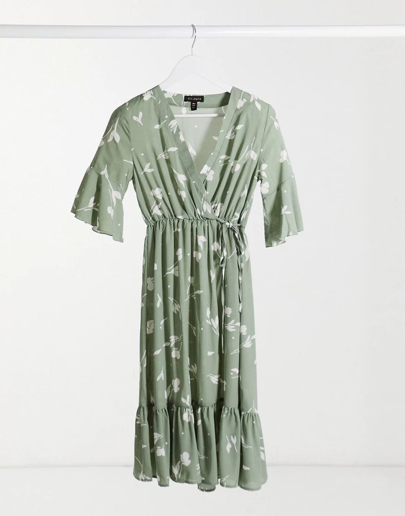 wrap midi dress with pephem in sage shadow floral-Green