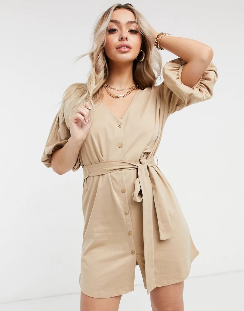 mini dress with bubble sleeve and tie belt in camel-Brown
