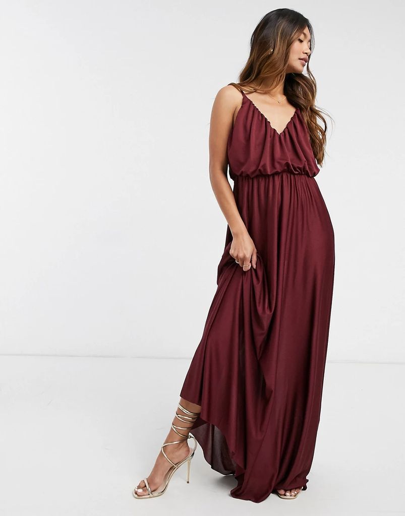 cami plunge maxi dress with blouson top in oxblood-Red