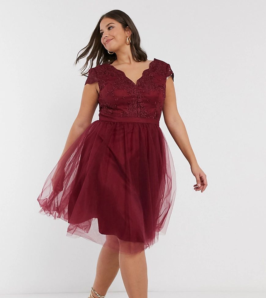 lace & tulle midi dress in burgundy-Red