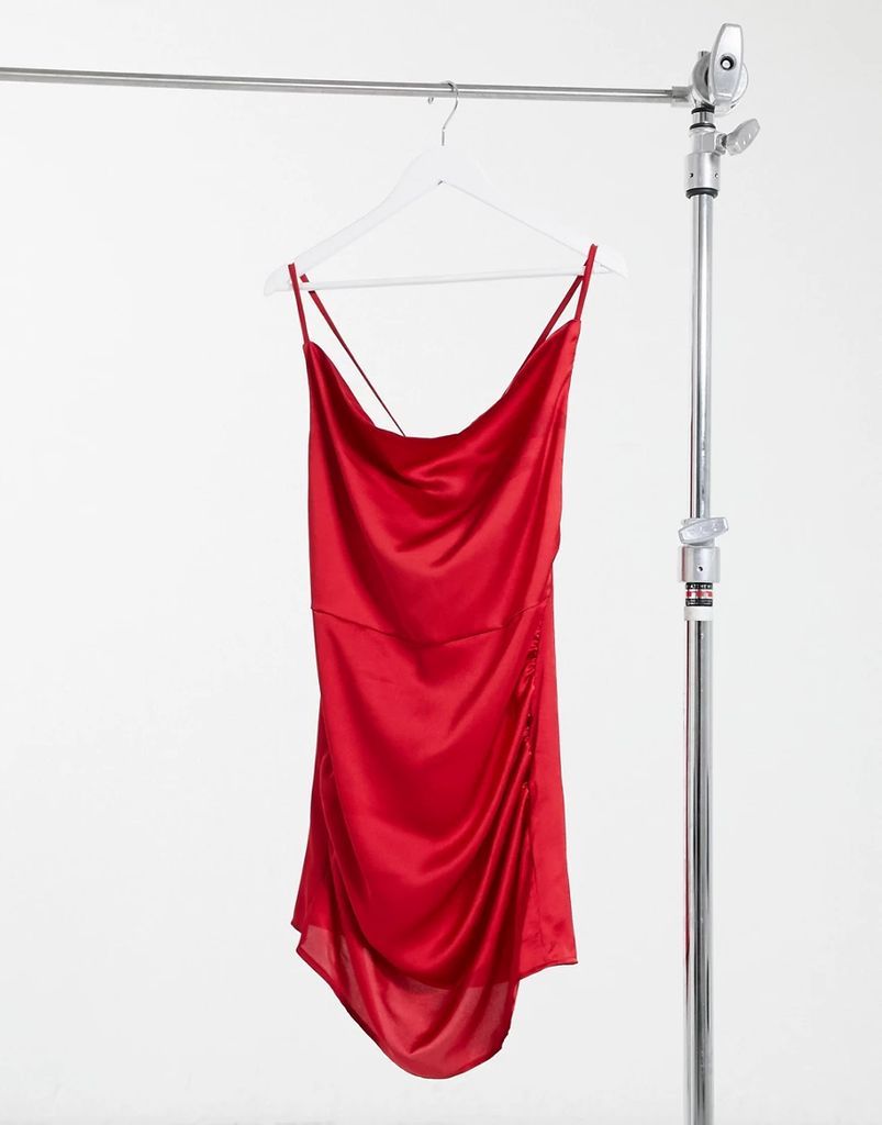 cowl neck ruched satin mini dress in red