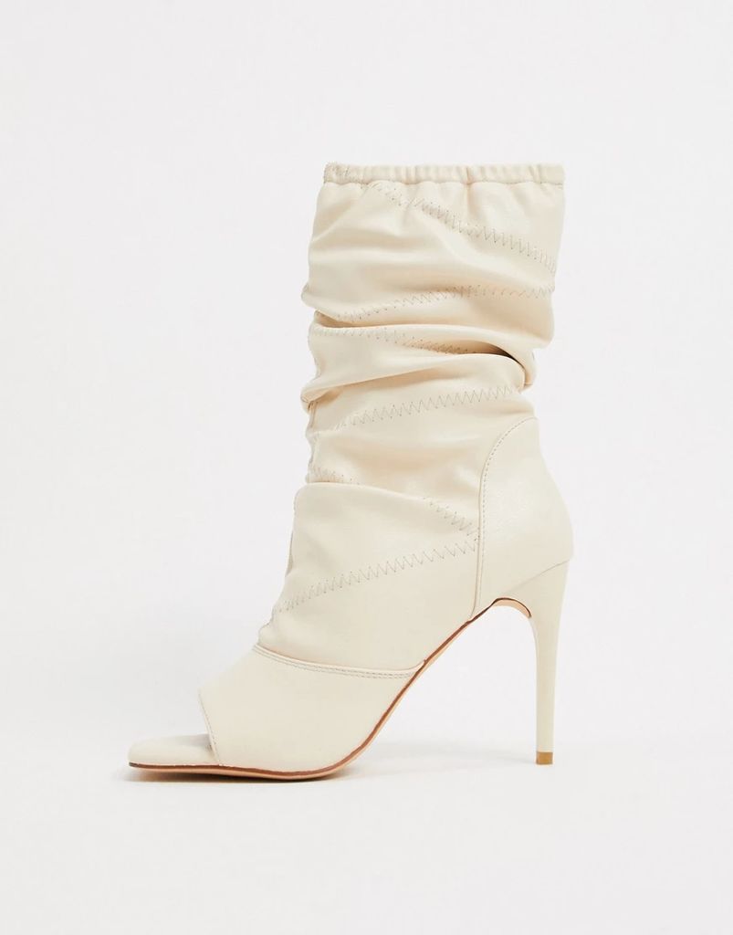 Simmi London Killy ruched stiletto heeled boots with open toe in white