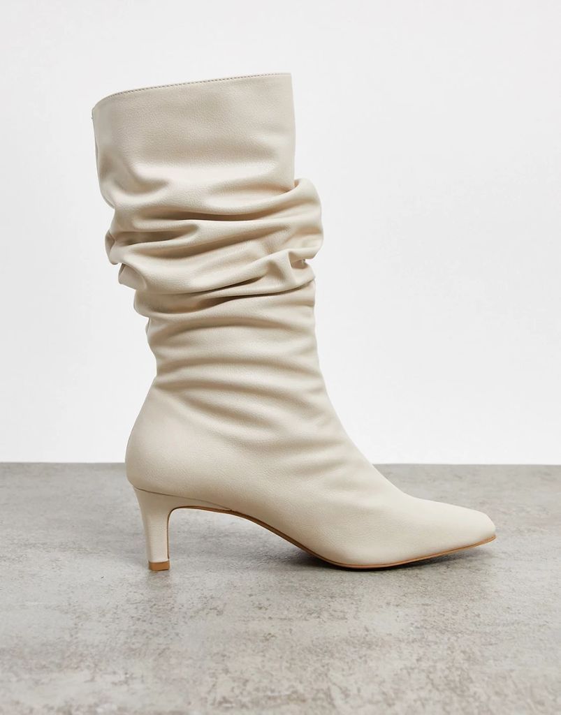 ruched square toe boots in cream-White