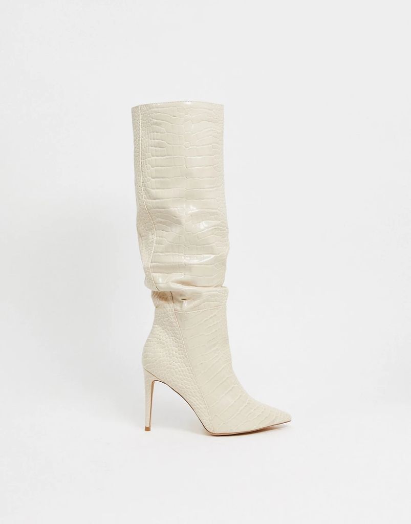 pointed knee high boots in beige croc