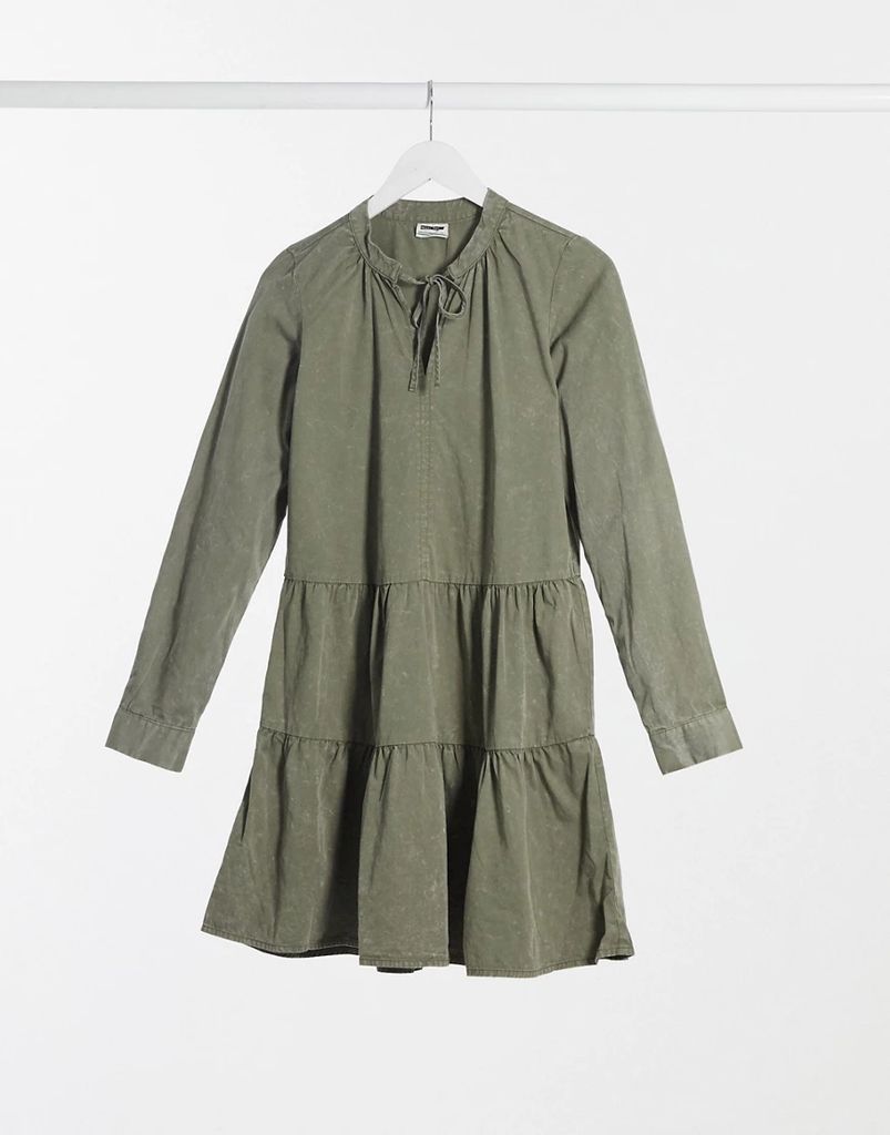 tiered smock dress in washed khaki-Green