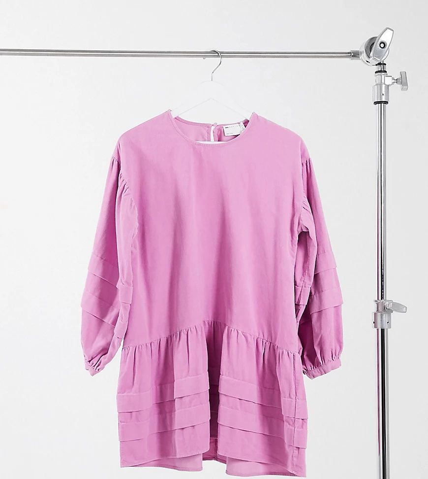 ASOS DESIGN Petite cord mini pleat detailed smock dress in light pink