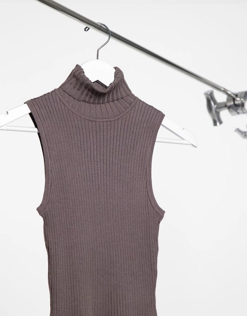 ribbed knit sleeveless roll neck vest in taupe-Brown