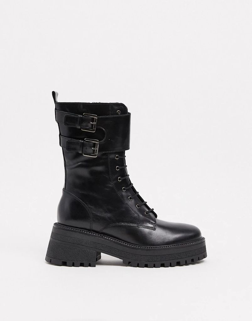 Asher lace up mid heeled ankle boot with buckles in black leather