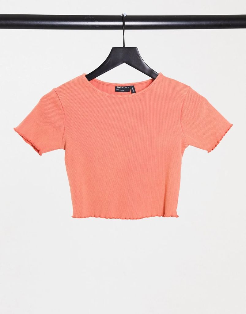 crop t-shirt with lettuce edge in washed coral-Pink