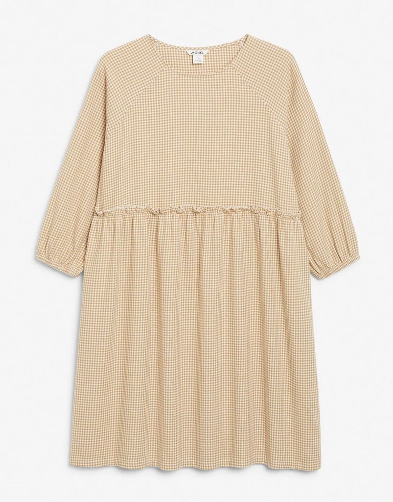 Sol cotton check print mini smock dress in beige-Neutral