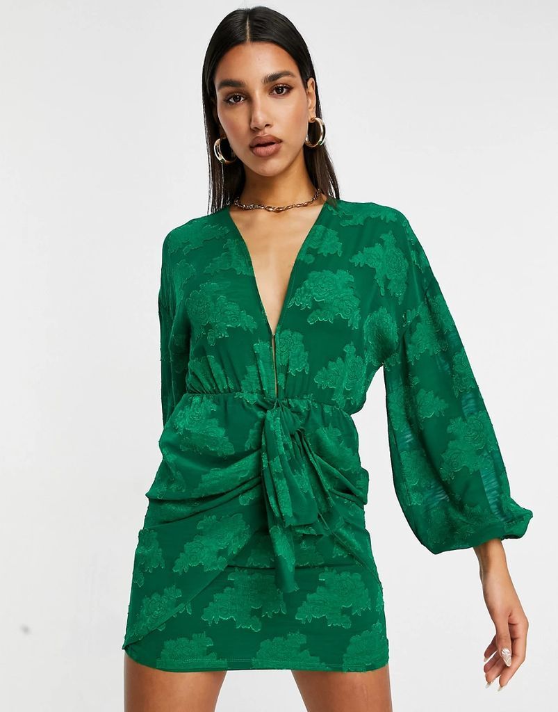 plunge tie front mini dress in floral jacquard in green