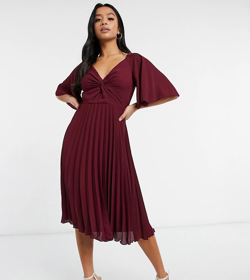 ASOS DESIGN Petite twist front flutter sleeve midi dress with pleat skirt-Red