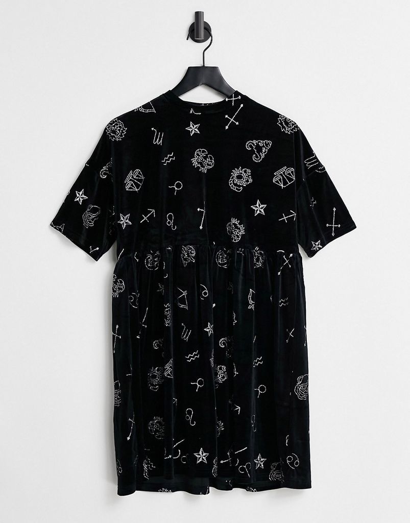 velour mini smock dress with zodiac glitter print-Black