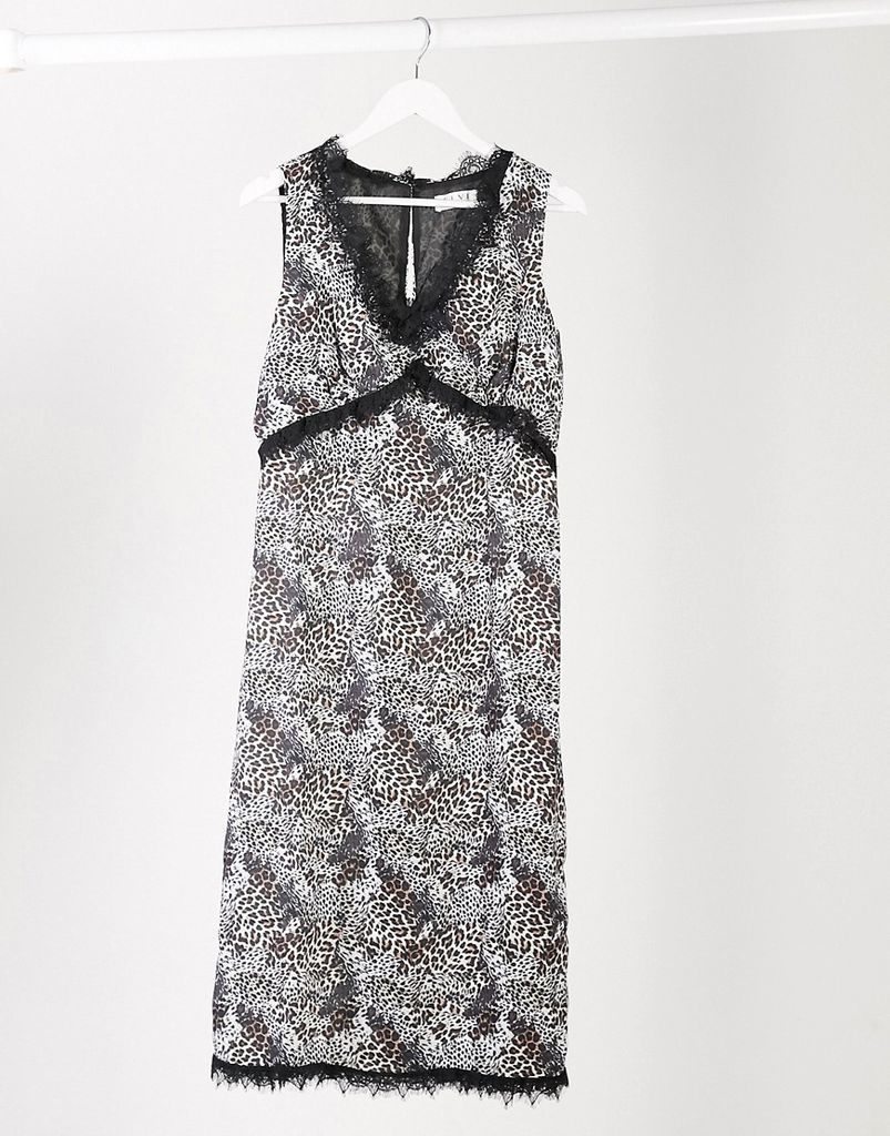 lace trim midi dress in leopard print-Multi
