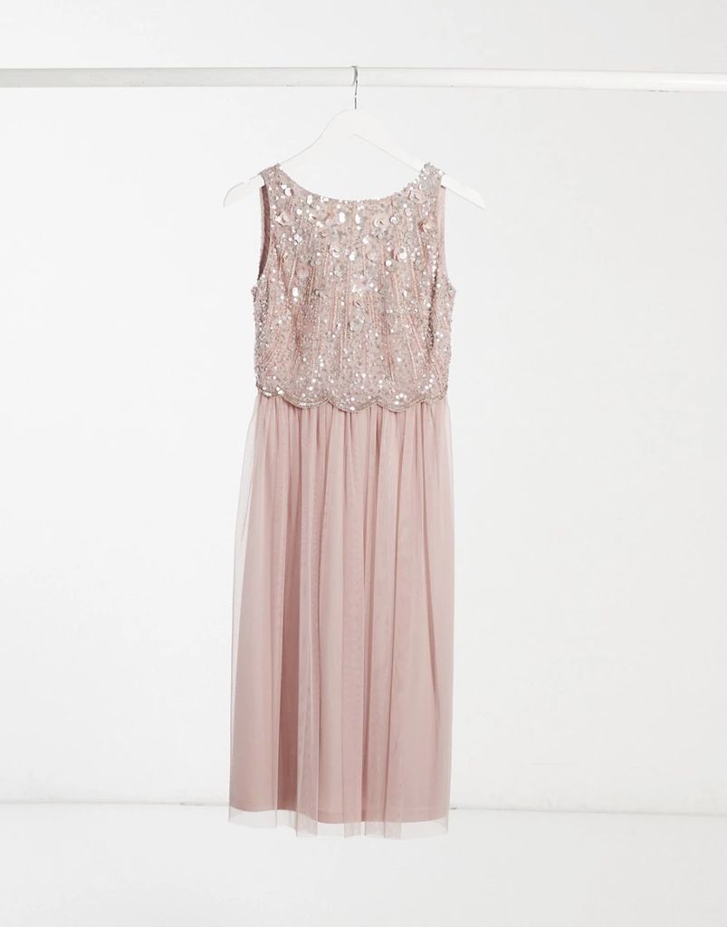 Bridesmaid lace applique midi skater dress in light pink
