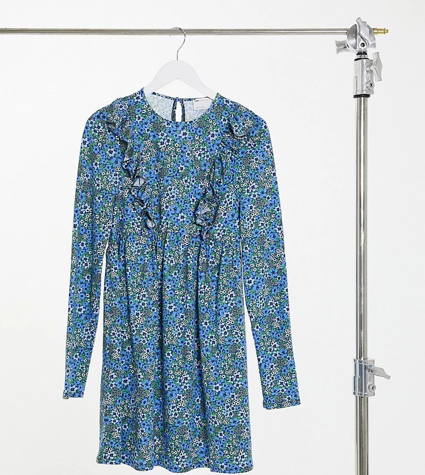 Tall mini smock dress with frill detail in blue ditsy floral print