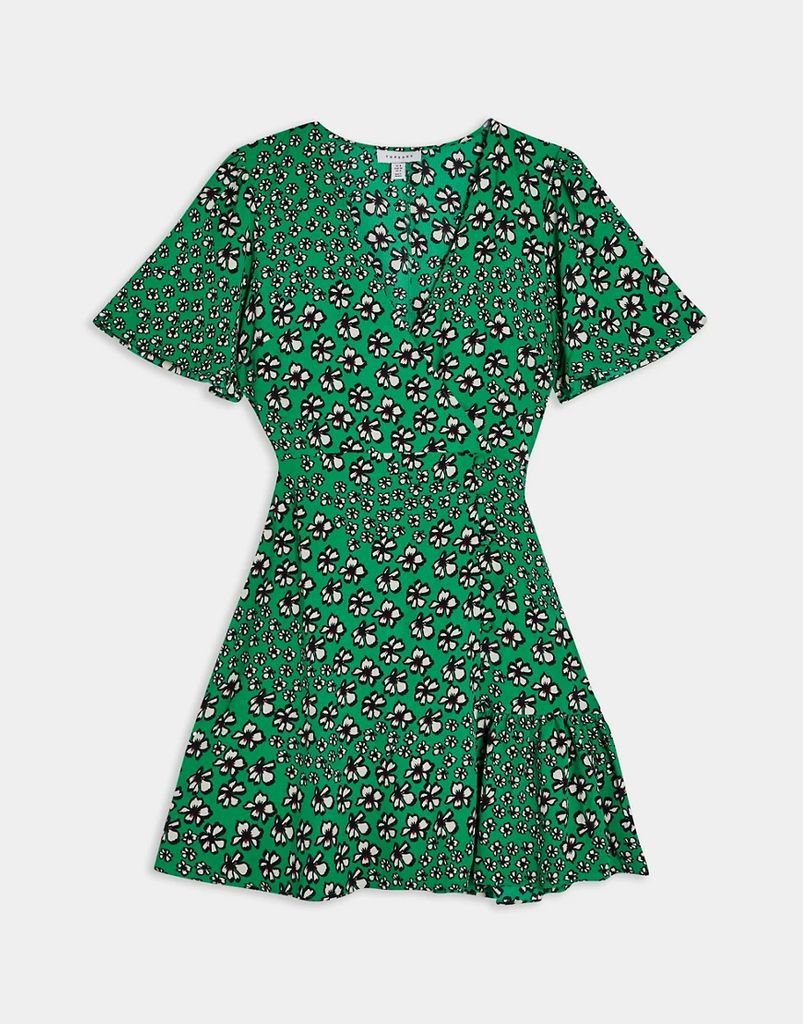 button front wrap dress in green floral