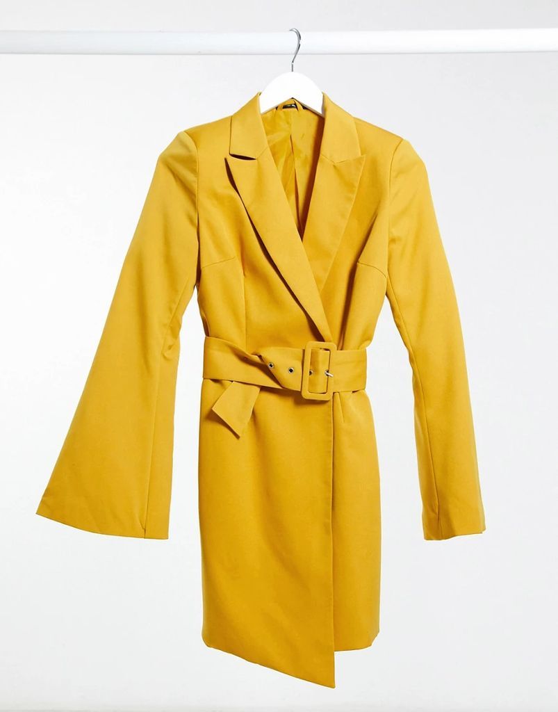 belted blazer dress in yellow