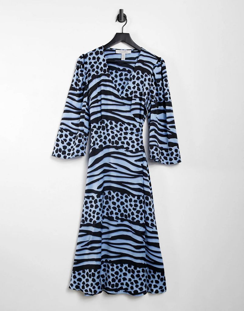 midi wrap dress in blue animal print