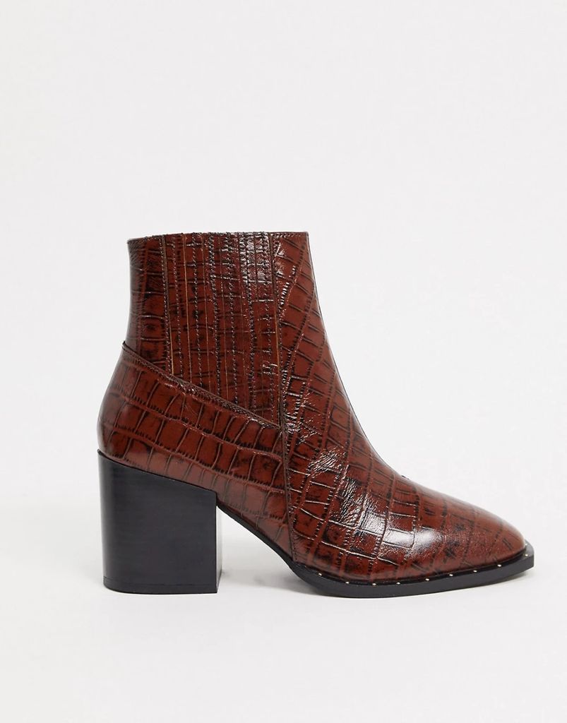 Restless leather block heel boots in brown