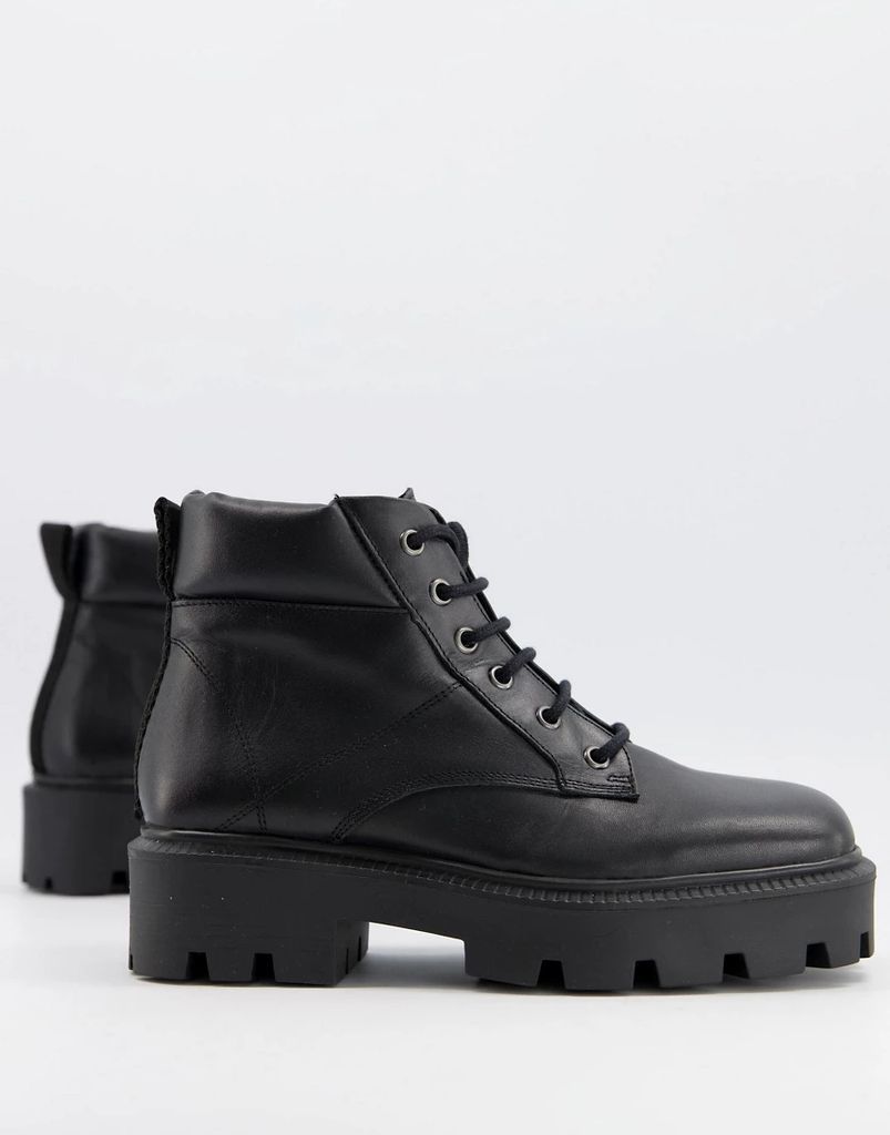 Advance leather square toe chunky lace up boots in black