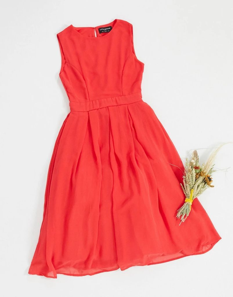fit and flare midi dress in bright coral-Red