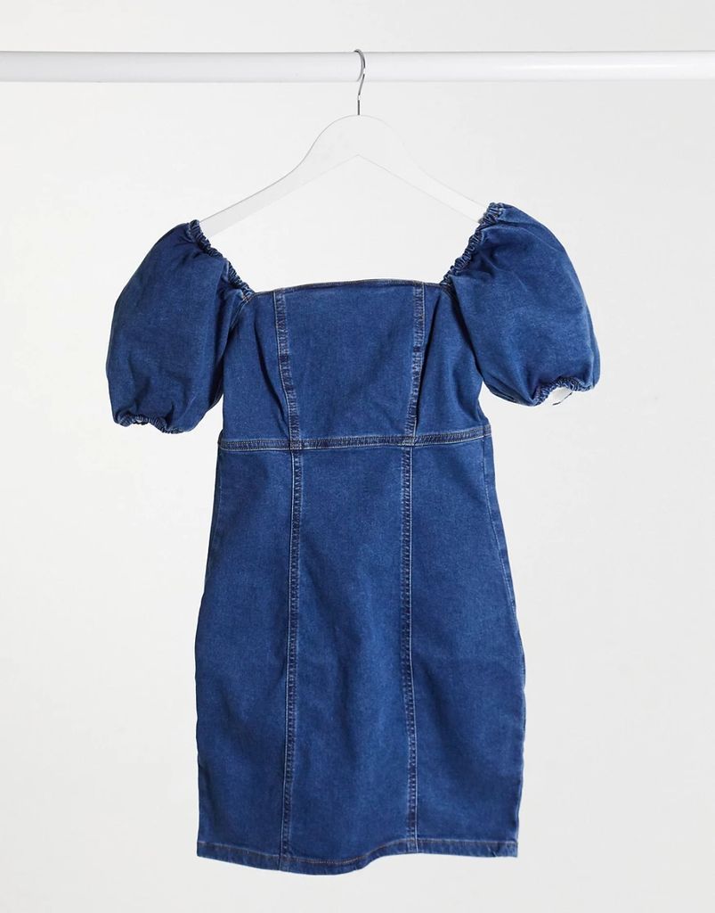 puff sleeve denim mini dress in mid blue