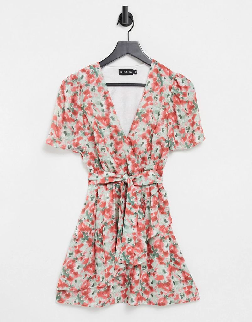 floral print wrap short sleeve dress in pink