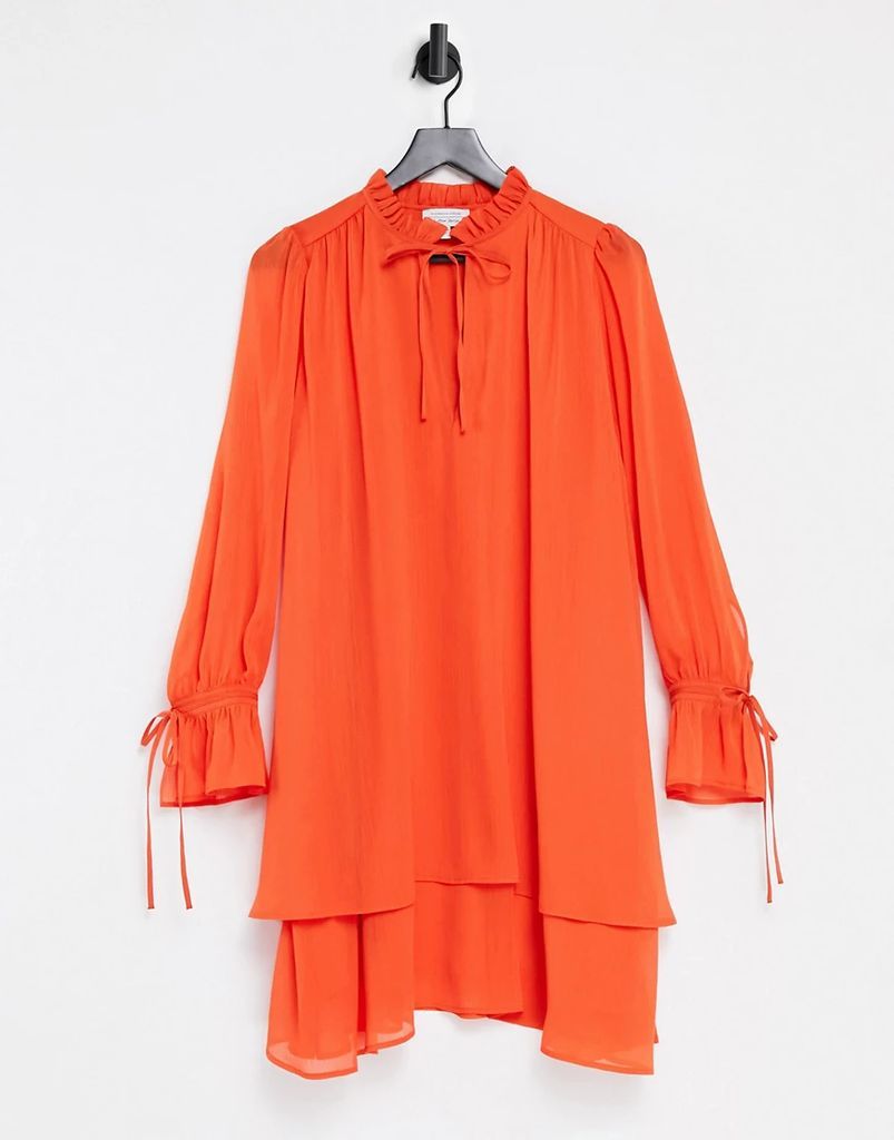 recycled tie neck long sleeve mini dress in orange-Red