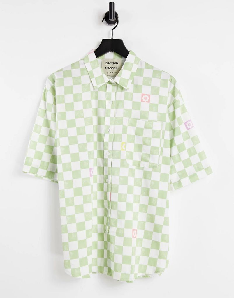organic cotton oversized shirt in check co-ord-Green
