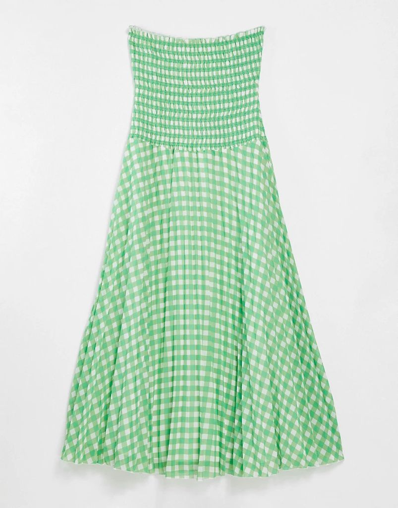 bandeau pleated maxi dress in gingham-Multi