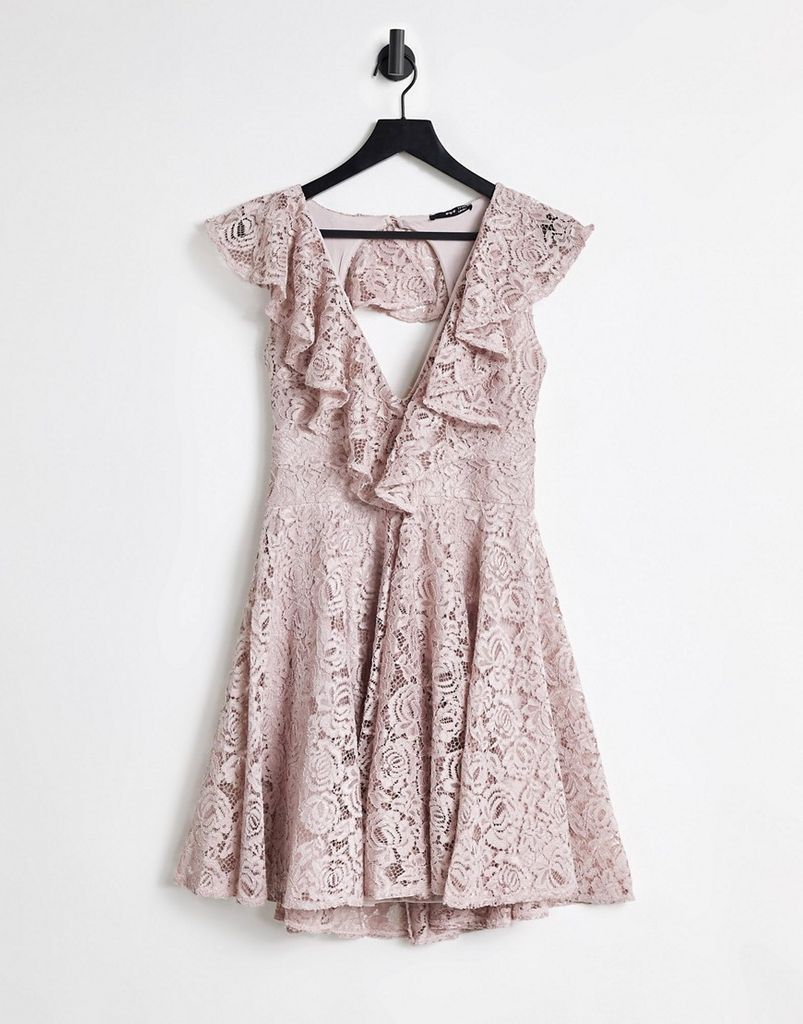 lace mini skater dress with frill detail in mink-Pink