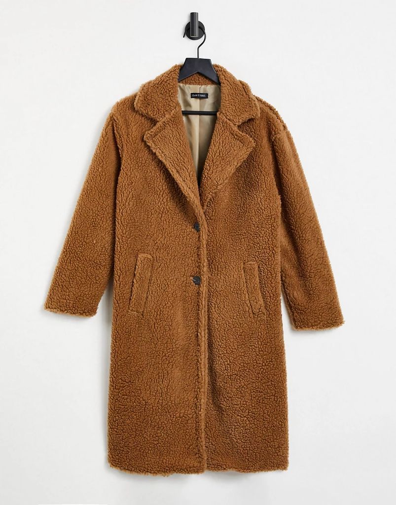 longline teddy coat in brown