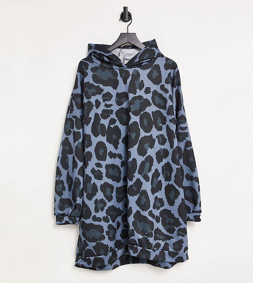 ASOS DESIGN Curve mini sweatshirt hoodie dress in all over blue leopard print