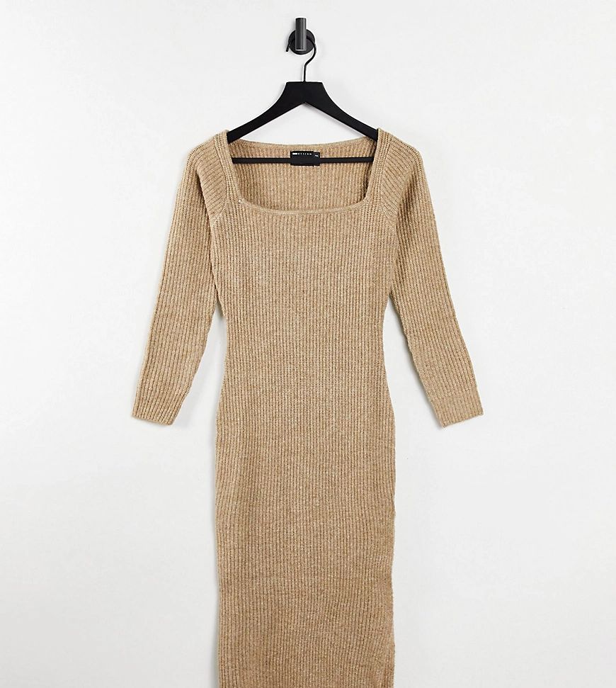 ASOS DESIGN Petite ribbed midi dress with square neck in taupe-Neutral