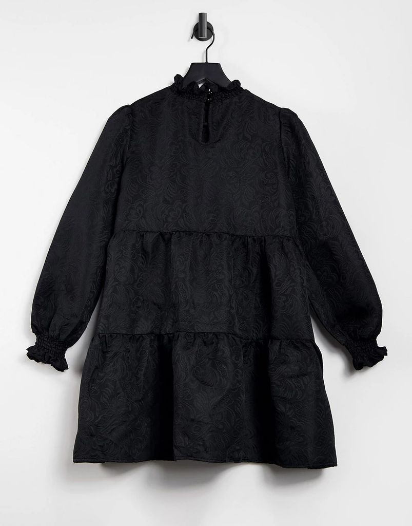 high neck jacquard tiered smock dress in black